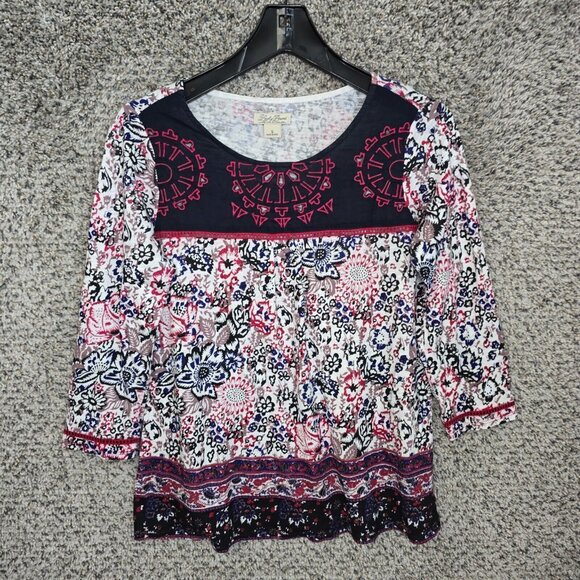 Lucky Brand Top Womens Small Red Boho‎ Embroidered 3/4 Sleeve Casual Ladies - Picture 1 of 7